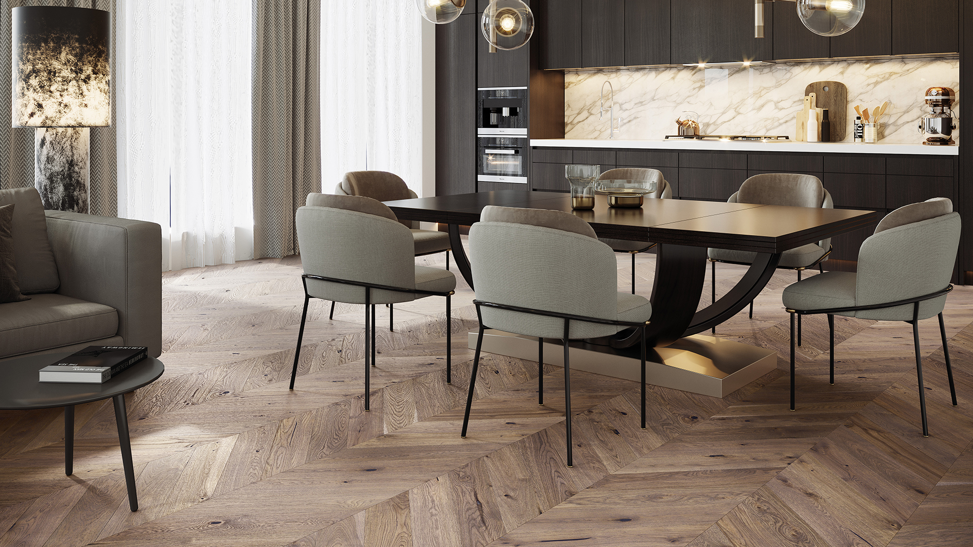 Podłoga z dębowych desek w aranżacji francuskiego jodły.